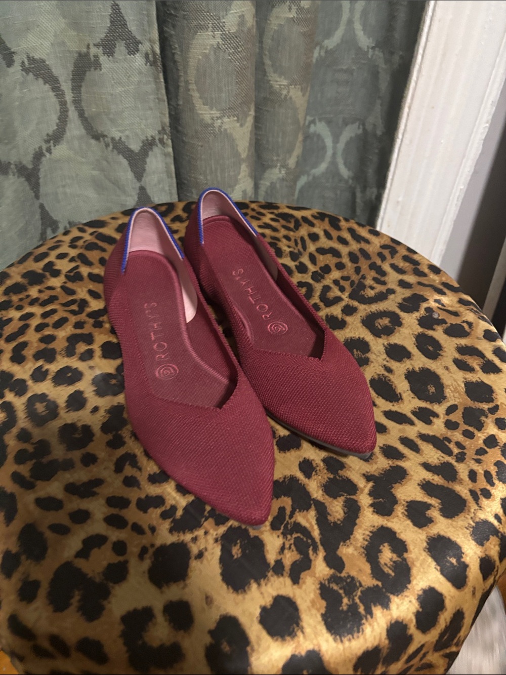Rothy's Pointed Knit Flats in Burgundy with Blue Trim